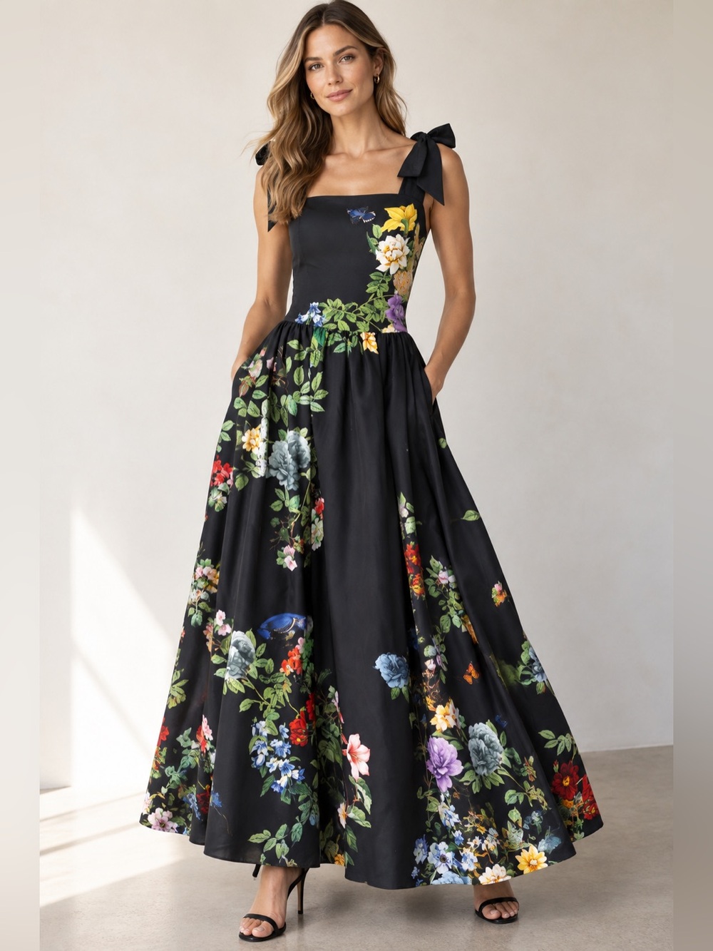 Alice + Olivia Oriana Black Floral Tie Shoulder Maxi Dress Size 4 $660 Retail